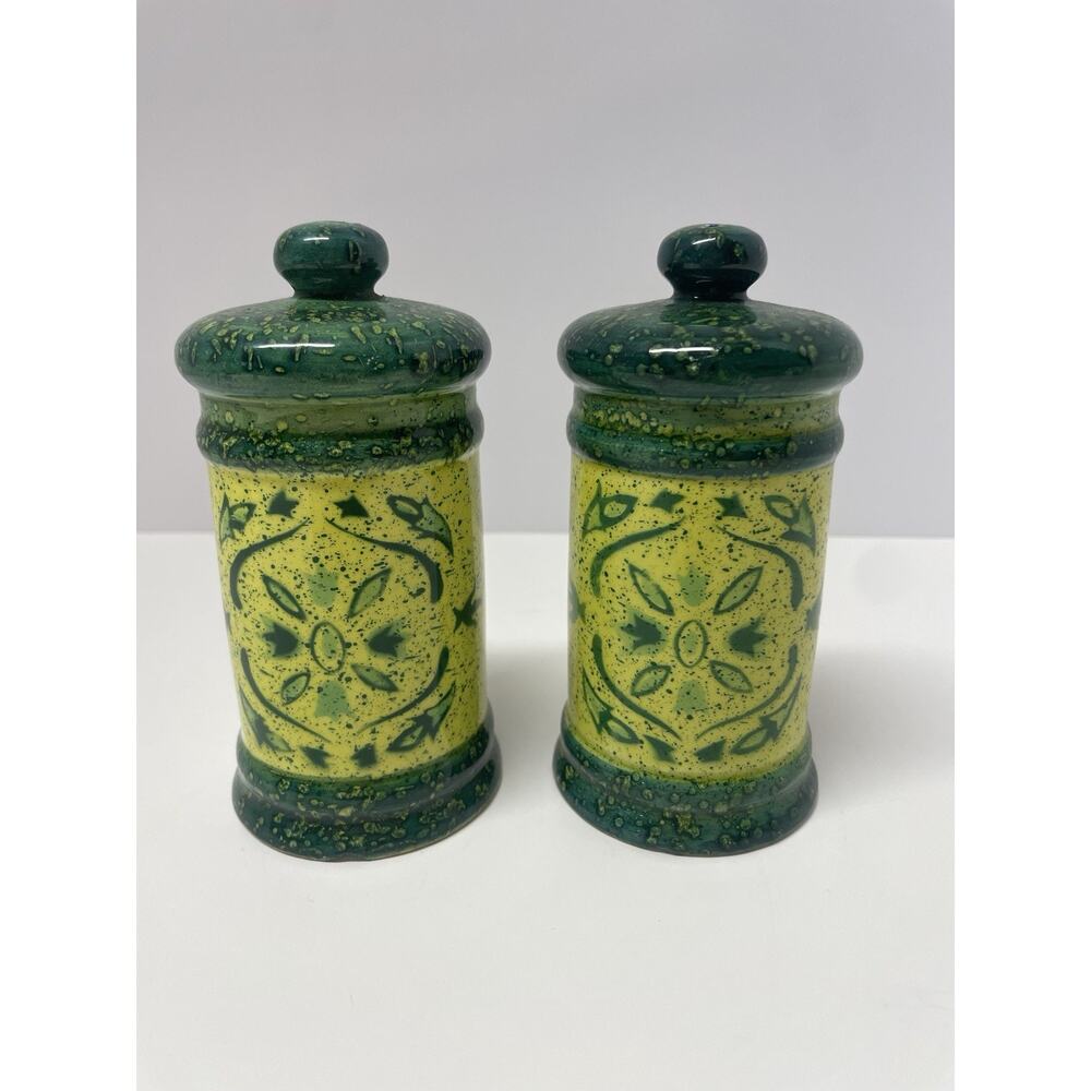 Vintage Mid century Modern Ceramic Yellow And Green Salt And Pepper Shakers
